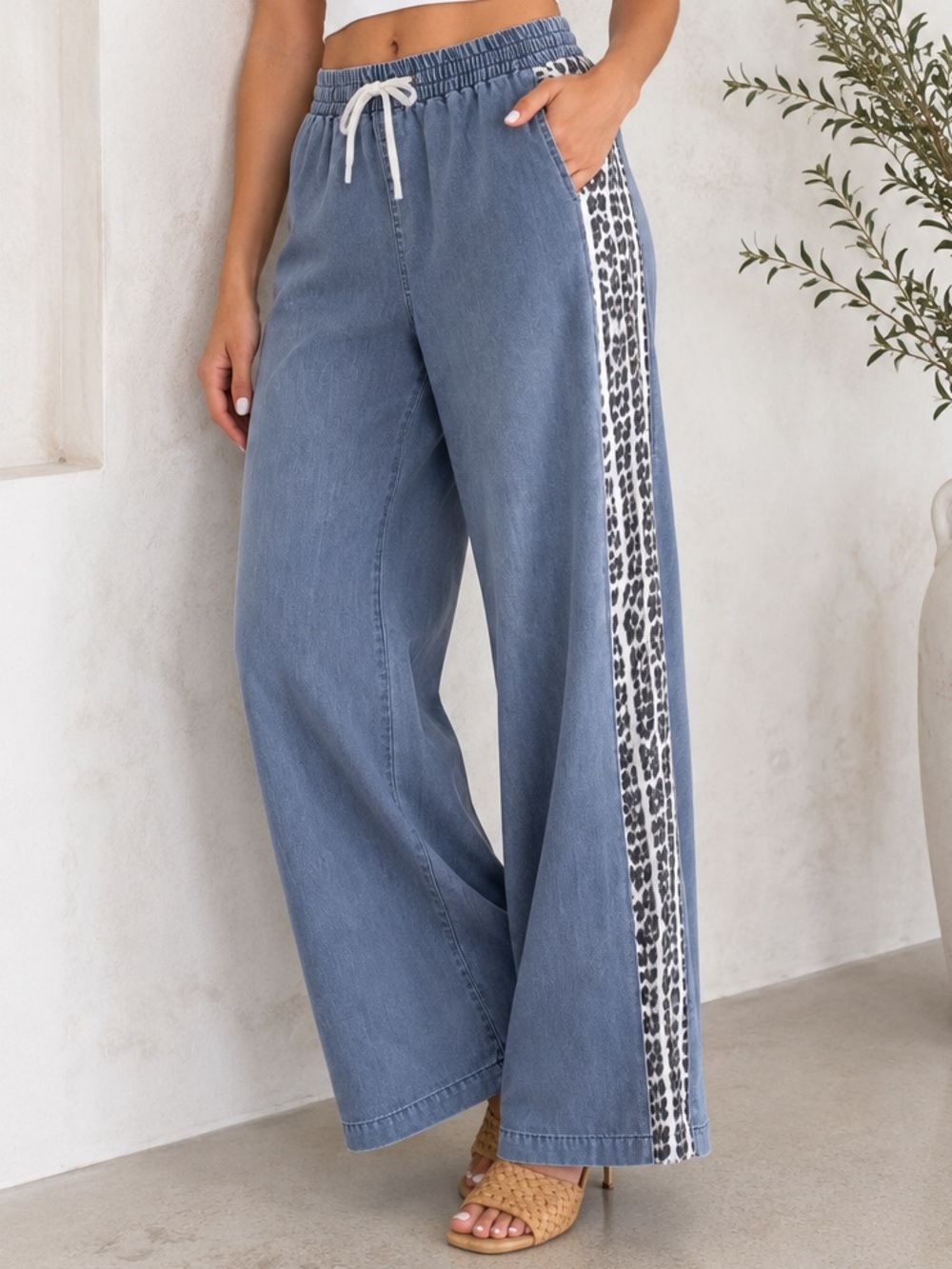 JODIFL Wide Leg Leopard Animal Stripe Washed Denim Boho Elastic Waist Pockets